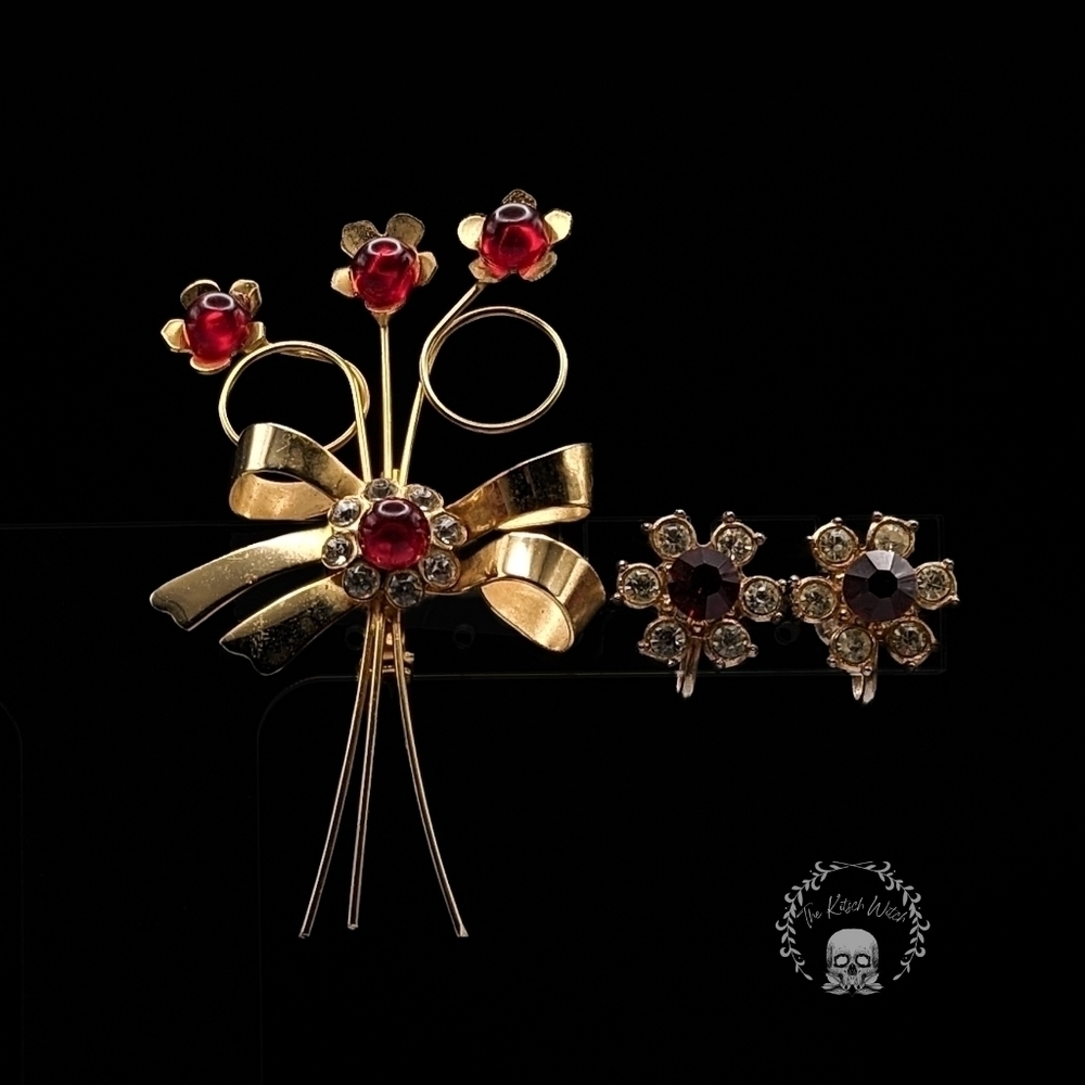 Vintage Bow Red Floral Brooch and Rhinestone Earring Set in Gold Tone